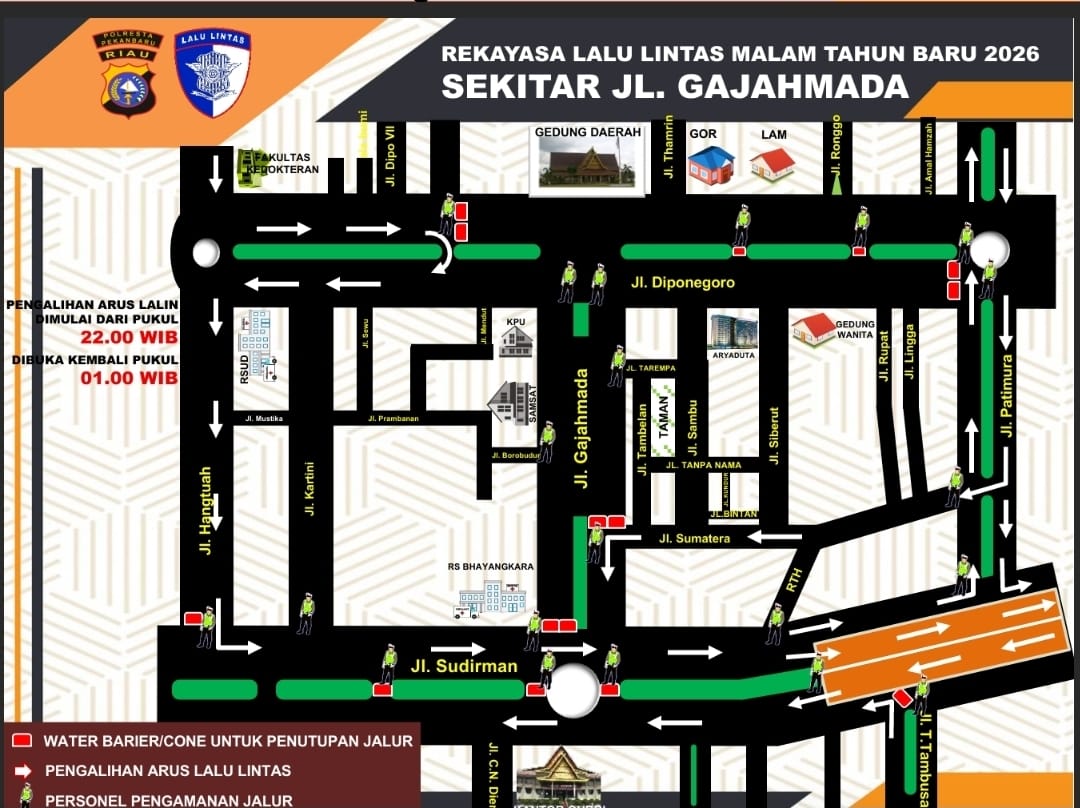 Penutupan Jalan di Pekanbaru Saat Perayaan Tahun Baru 2026