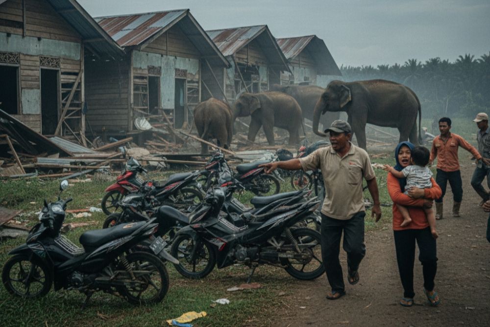 13 Gajah Sumatra Serang Mes Karyawan, Satu Blok Rumah Hancur di Siak