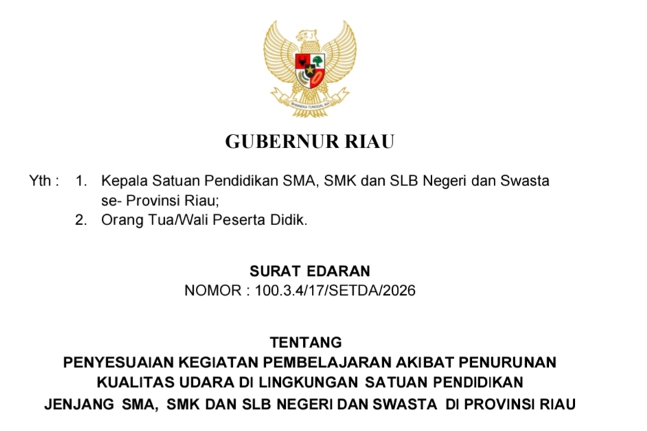 Resmi! Plt Gubri SF Hariyanto Teken SE, SMA/SMK/SLB se-Riau Diberlakukan Belajar Daring
