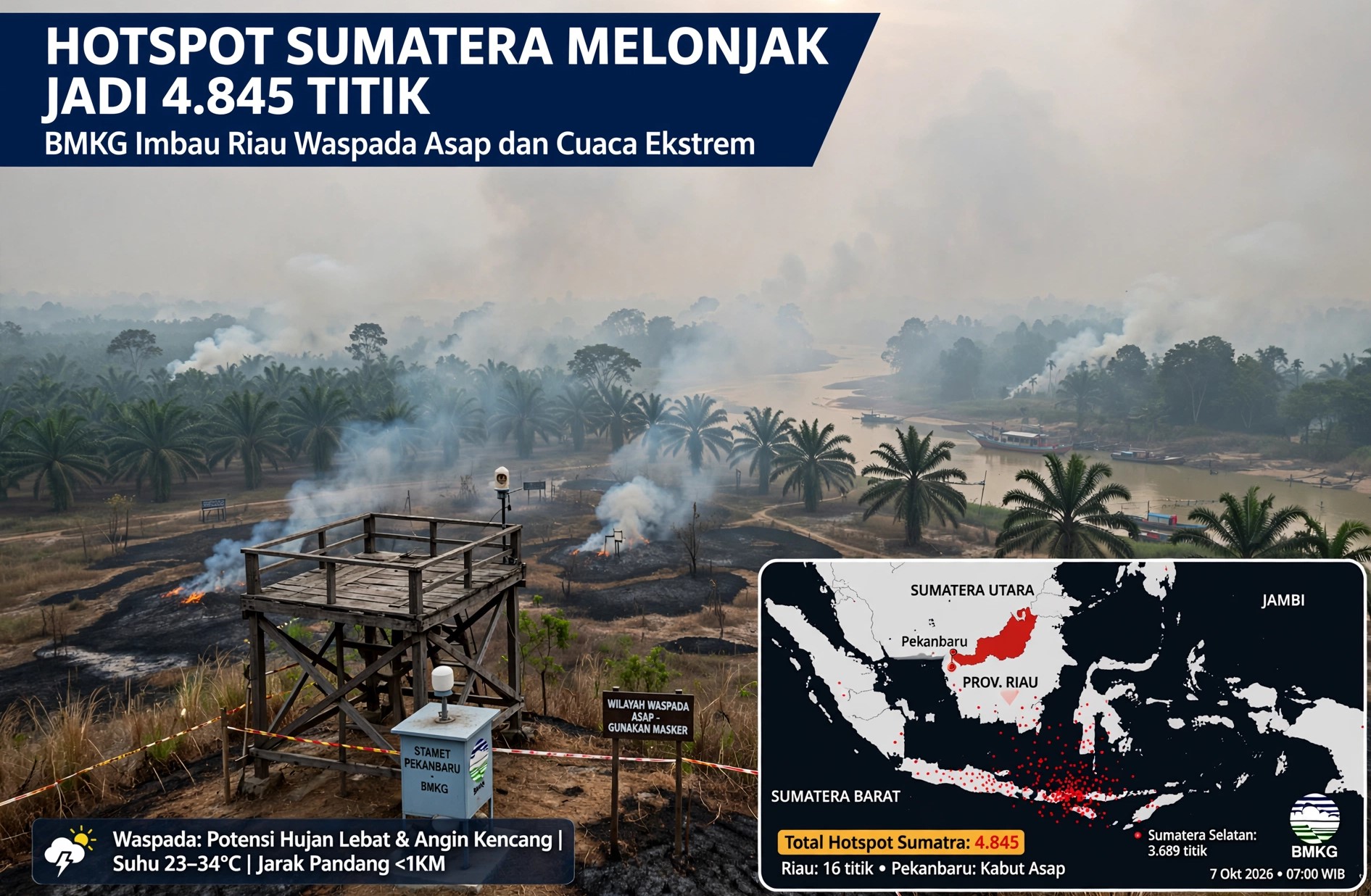 Hotspot Sumatera Melonjak Jadi 4.845 Titik, BMKG Imbau Riau Waspada Asap dan Cuaca Ekstrem